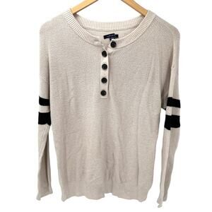 American Eagle Sweater Womens Small Henley Knit Pullover Tan Black Long Sleeve